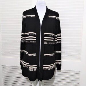 Sienna & Sage Cardigan Black Cream Stripe Soft Open Front Sweater Size Large NEW
